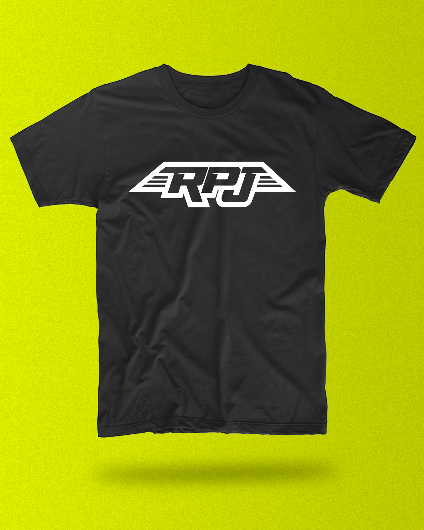 A black short-sleeve crewneck t-shirt with a white stylized 'RPJ' winged logo printed across the chest, shown against a bright lime green background.