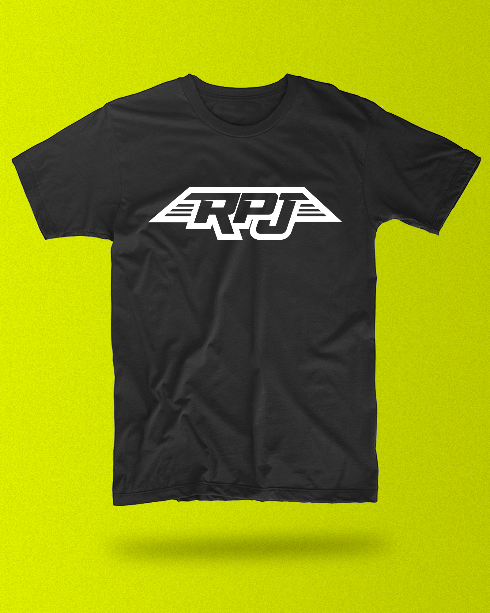 A black short-sleeve crewneck t-shirt with a white stylized 'RPJ' winged logo printed across the chest, shown against a bright lime green background.